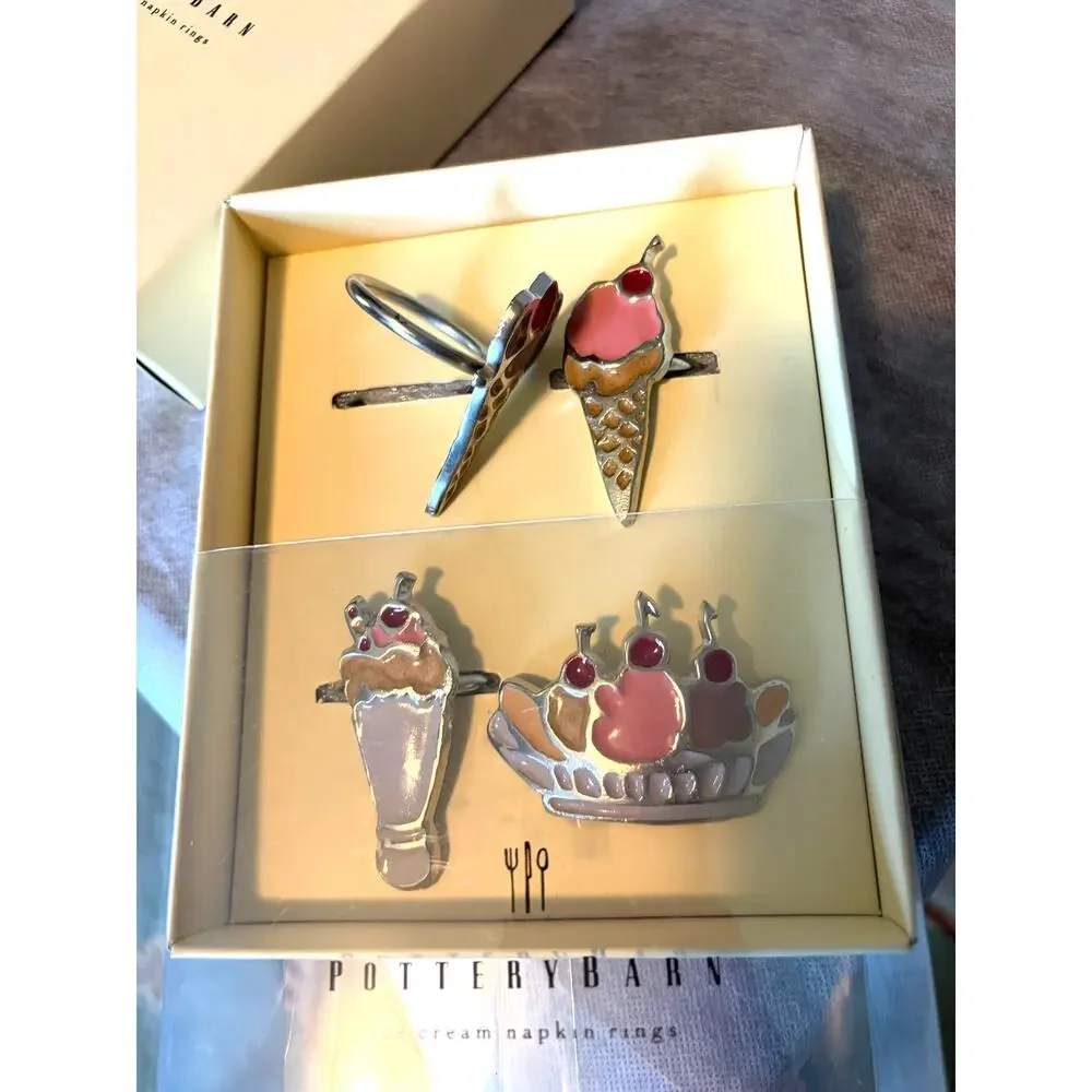 Vintage Pottery Barn Ice Cream Napkin Rings Set of 4 Enamel New In Box